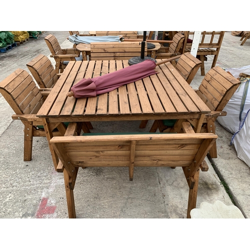 263 - AN AS NEW EX DISPLAY CHARLES TAYLOR GARDEN FURNITURE SET. ONE LARGE SQUARE TABLE WITH UMBRELLA AND U... 