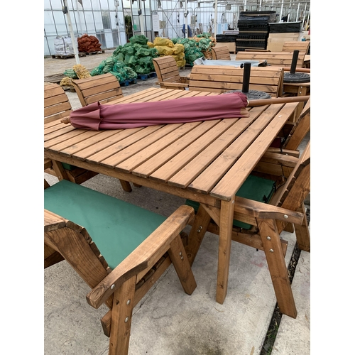 263 - AN AS NEW EX DISPLAY CHARLES TAYLOR GARDEN FURNITURE SET. ONE LARGE SQUARE TABLE WITH UMBRELLA AND U... 