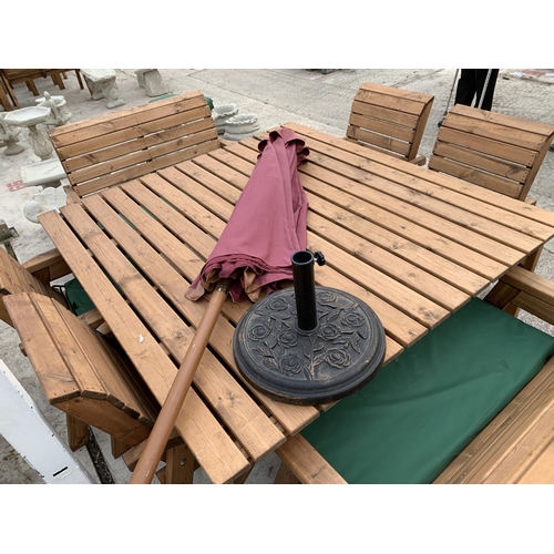 263 - AN AS NEW EX DISPLAY CHARLES TAYLOR GARDEN FURNITURE SET. ONE LARGE SQUARE TABLE WITH UMBRELLA AND U... 