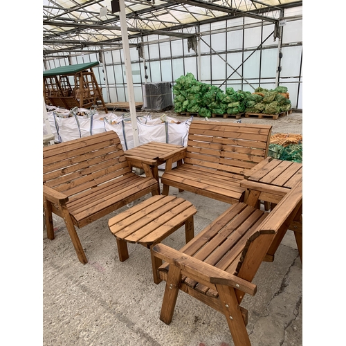 264 - AN AS NEW EX DISPLAY CHARLES TAYLOR GARDEN FURNITURE SET. THREE DOUBLE SEATER BENCHES WITH TWO DRINK... 