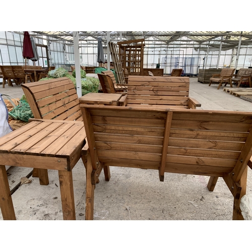 264 - AN AS NEW EX DISPLAY CHARLES TAYLOR GARDEN FURNITURE SET. THREE DOUBLE SEATER BENCHES WITH TWO DRINK... 