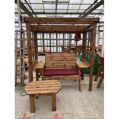 266 - AN AS NEW EX DISPLAY CHARLES TAYLOR GARDEN FURNITURE ARBOUR SET. ONE DOUBLE SEATER BENCH WITH ADJOIN... 