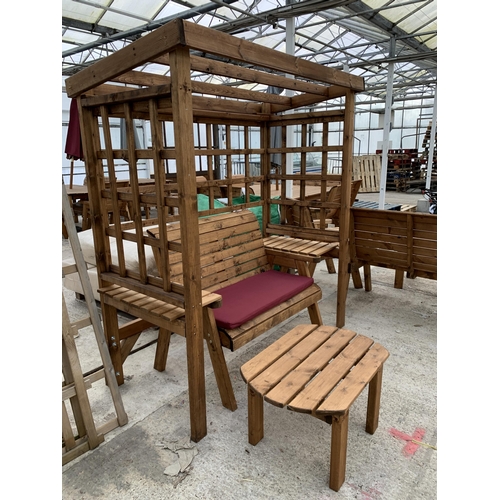 266 - AN AS NEW EX DISPLAY CHARLES TAYLOR GARDEN FURNITURE ARBOUR SET. ONE DOUBLE SEATER BENCH WITH ADJOIN... 