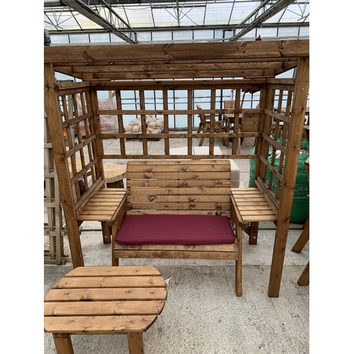 266 - AN AS NEW EX DISPLAY CHARLES TAYLOR GARDEN FURNITURE ARBOUR SET. ONE DOUBLE SEATER BENCH WITH ADJOIN... 