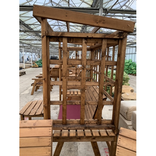 266 - AN AS NEW EX DISPLAY CHARLES TAYLOR GARDEN FURNITURE ARBOUR SET. ONE DOUBLE SEATER BENCH WITH ADJOIN... 