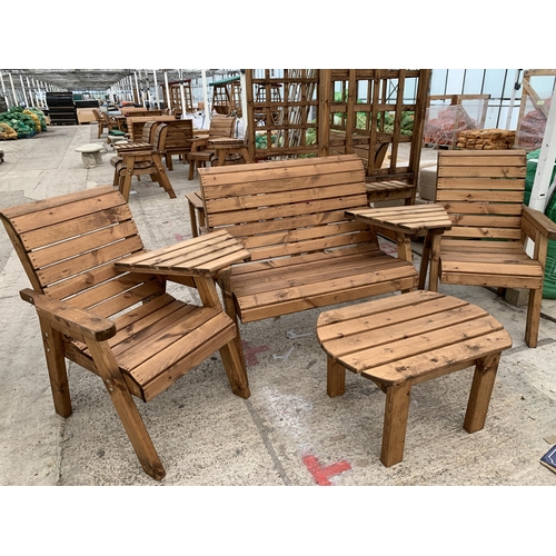 267 - AN AS NEW EX DISPLAY CHARLES TAYLOR GARDEN FURNITURE SET. ONE DOUBLE SEATER BENCH AND TWO SINGLE ARM... 