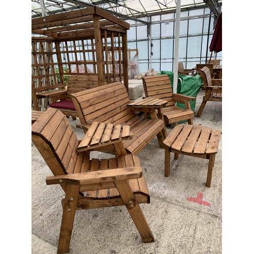 267 - AN AS NEW EX DISPLAY CHARLES TAYLOR GARDEN FURNITURE SET. ONE DOUBLE SEATER BENCH AND TWO SINGLE ARM... 