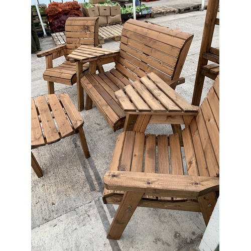 267 - AN AS NEW EX DISPLAY CHARLES TAYLOR GARDEN FURNITURE SET. ONE DOUBLE SEATER BENCH AND TWO SINGLE ARM... 