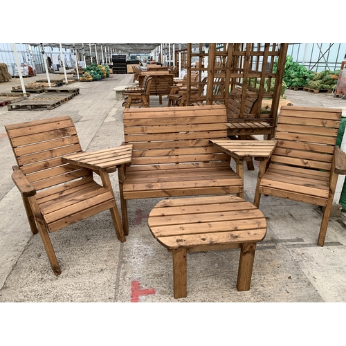 267 - AN AS NEW EX DISPLAY CHARLES TAYLOR GARDEN FURNITURE SET. ONE DOUBLE SEATER BENCH AND TWO SINGLE ARM... 