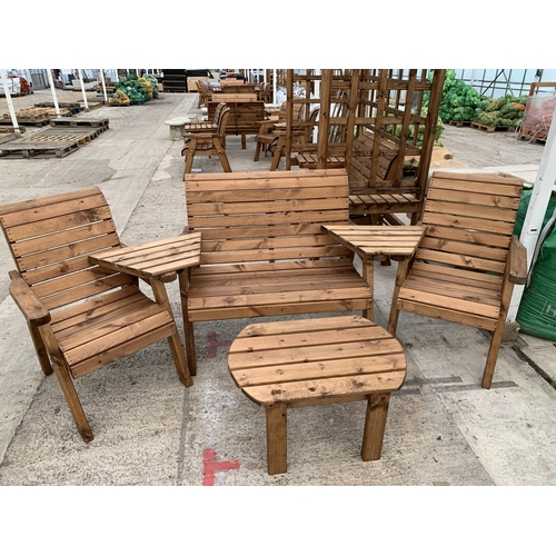 267 - AN AS NEW EX DISPLAY CHARLES TAYLOR GARDEN FURNITURE SET. ONE DOUBLE SEATER BENCH AND TWO SINGLE ARM... 