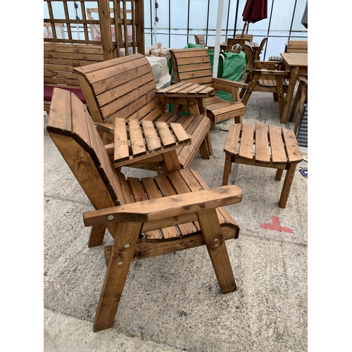 267 - AN AS NEW EX DISPLAY CHARLES TAYLOR GARDEN FURNITURE SET. ONE DOUBLE SEATER BENCH AND TWO SINGLE ARM... 