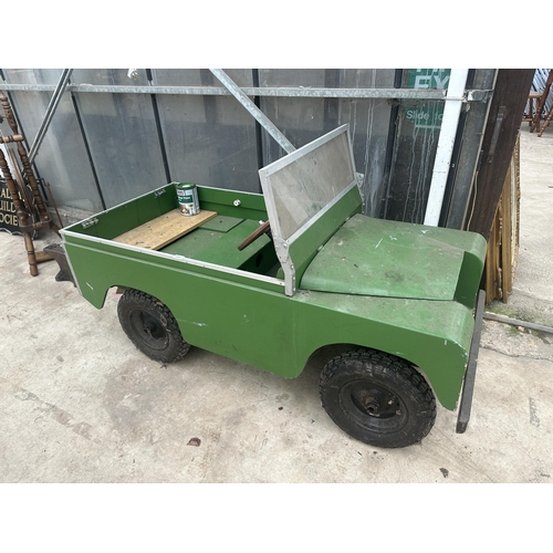 1501 - A VINTAGE SCRATCH BUILT WOODEN AND METAL LAND ROVER STYLE CHILDS ELECTRIC RIDE ALONG CAR (REQUIRES A... 