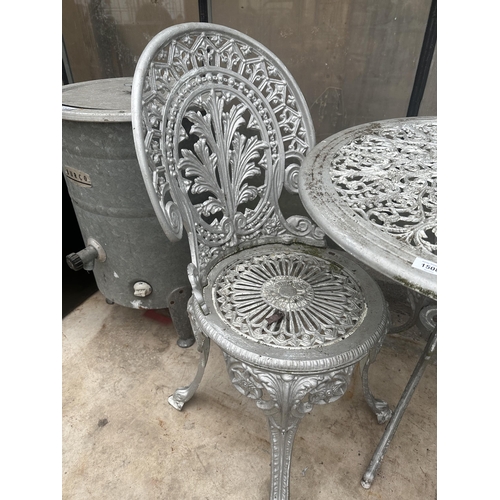 1508 - A CAST ALLOY BISTRO SET COMPRISING OF A ROUND TABLE AND TWO CHAIRS