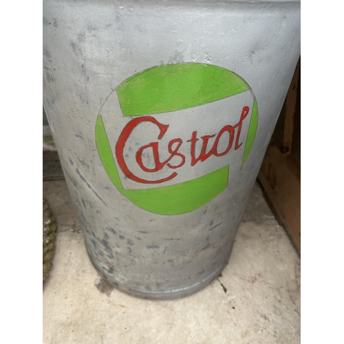 1513 - AN ALUMINIUM MILK CHURN WITH CASTROL PAINTED DECORATION