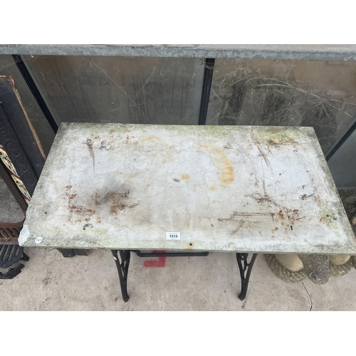 1515 - A CONSOLE TABLE FORMED WITH A SINGER TREADLE BASE AND A MARBLE TOP