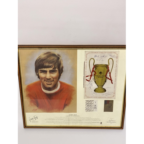 1 - A GEORGE BEST FRAMED AND GLAZED MONTAGE TO INCLUDE A LIMITED EDITION 132/500 SIGNED PRINT BY HEATHER... 