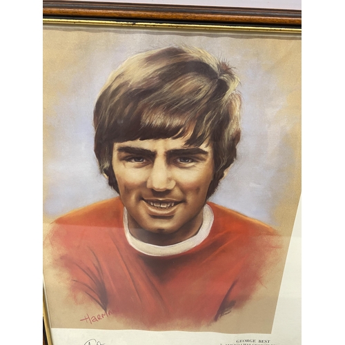 1 - A GEORGE BEST FRAMED AND GLAZED MONTAGE TO INCLUDE A LIMITED EDITION 132/500 SIGNED PRINT BY HEATHER... 