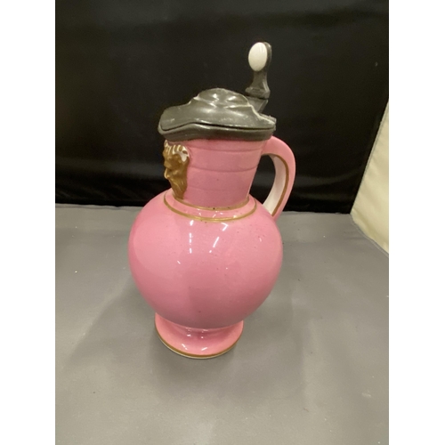 12A - A WEDGWOOD 19TH CENTURY PINK DORIC PITCHER  JUG WITH SATYR MASK SPOUT AND PEWTER LID