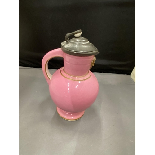 12A - A WEDGWOOD 19TH CENTURY PINK DORIC PITCHER  JUG WITH SATYR MASK SPOUT AND PEWTER LID