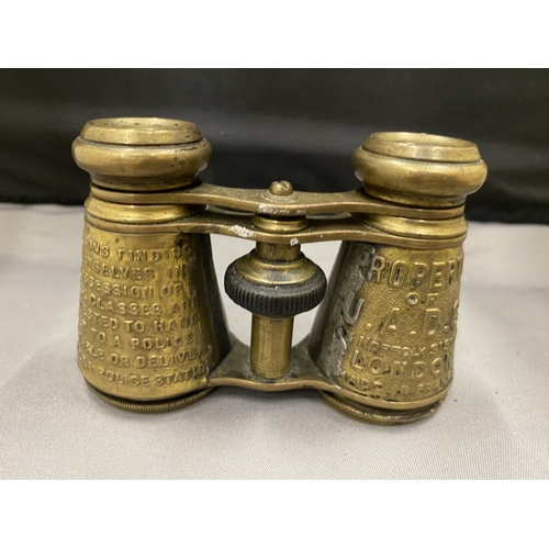 18 - A PAIR OF BRASS OPERA GLASSES, 19TH CENTURY AND INSCRIBED. THESE WERE MADE FOR HIRE IN THEATRES AND ... 