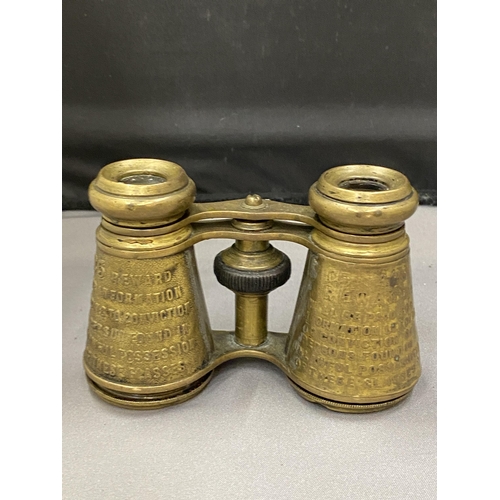 18 - A PAIR OF BRASS OPERA GLASSES, 19TH CENTURY AND INSCRIBED. THESE WERE MADE FOR HIRE IN THEATRES AND ... 