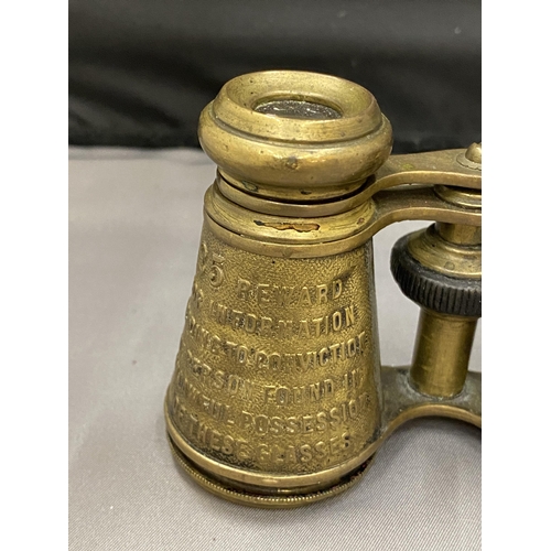 18 - A PAIR OF BRASS OPERA GLASSES, 19TH CENTURY AND INSCRIBED. THESE WERE MADE FOR HIRE IN THEATRES AND ... 