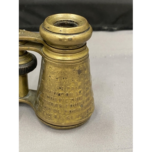 18 - A PAIR OF BRASS OPERA GLASSES, 19TH CENTURY AND INSCRIBED. THESE WERE MADE FOR HIRE IN THEATRES AND ... 