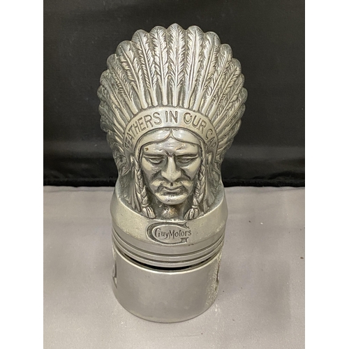 19 - A GUY MOTORS RADIATOR MASCOT IN THE FORM OF A NATIVE AMERICAN CHIEF WITH INSCRIPTION FEATHERS IN OUR... 