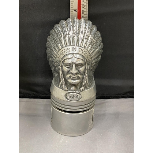 19 - A GUY MOTORS RADIATOR MASCOT IN THE FORM OF A NATIVE AMERICAN CHIEF WITH INSCRIPTION FEATHERS IN OUR... 