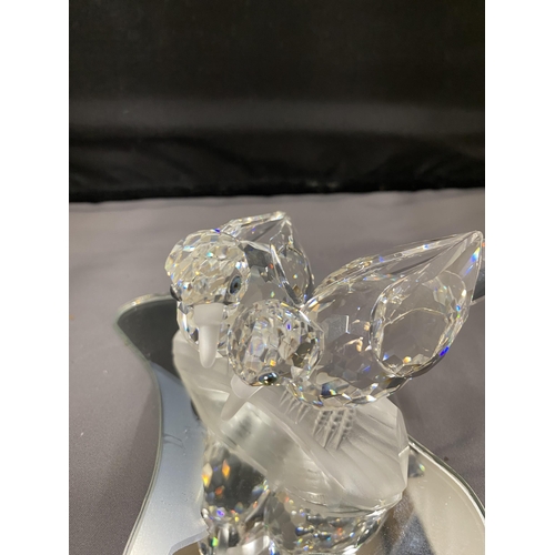 25 - A  PAIR OF SWAROVSKI CRYSTAL TURTLE DOVES AMOUR 1989 ANNUAL EDITION ON A MIRRORED BASE