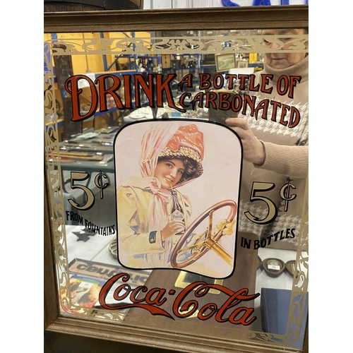 32 - A VINTAGE FRAMED DRINK A BOTTLE OF CARBONATED COCA-COLA ADVERTISING MIRROR