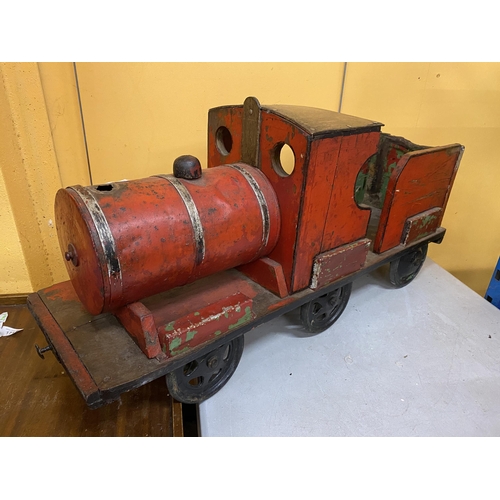 46 - A VINTAGE 1950'S WOODEN STEAM ENGINE 43CM TALL