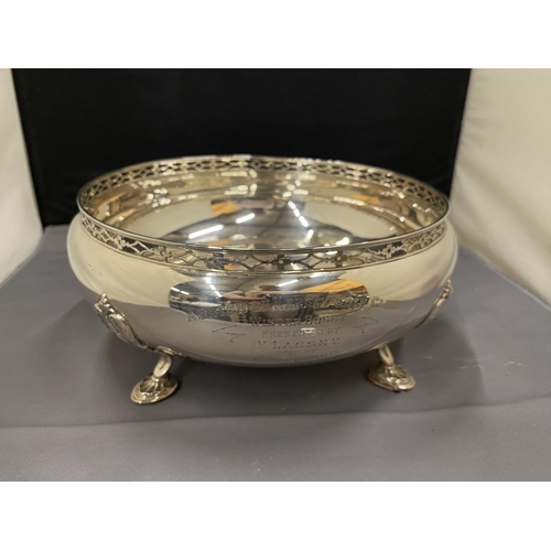 4A - A HALLMARKED BIRMINGHAM SILVER FOUR FOOTED BOWL ENGRAVED GROSS WEIGHT 586 GRAMS