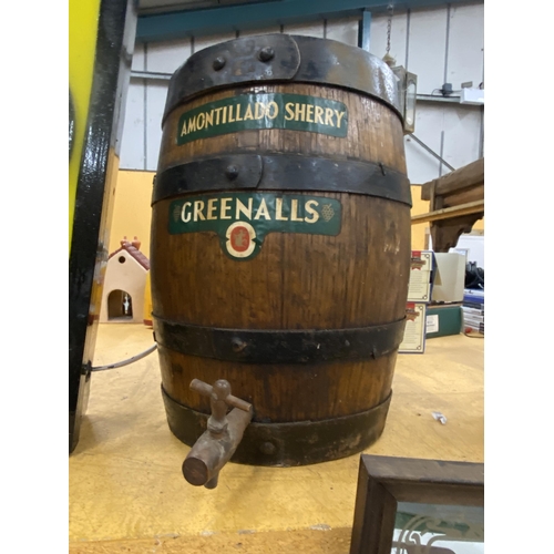 55 - AN OAK AND BANDED GREENALLS AMONTILLADO SHERRY BARREL WITH STOPPER AND TAP