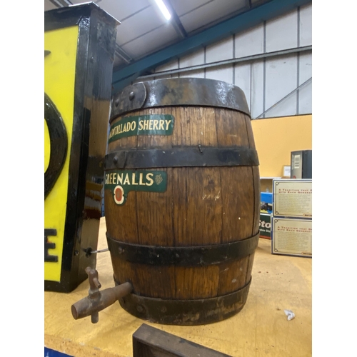 55 - AN OAK AND BANDED GREENALLS AMONTILLADO SHERRY BARREL WITH STOPPER AND TAP