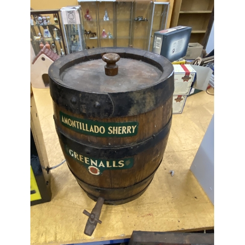 55 - AN OAK AND BANDED GREENALLS AMONTILLADO SHERRY BARREL WITH STOPPER AND TAP