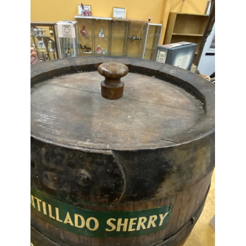 55 - AN OAK AND BANDED GREENALLS AMONTILLADO SHERRY BARREL WITH STOPPER AND TAP