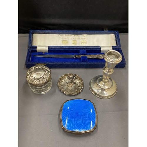 43 - VARIOUS ITEMS OF SILVER TO INCLUDE A BOXED KNIFE, CANDLESTICK, RING TREE, LIDDED POT AMD A BLUE ENAM... 