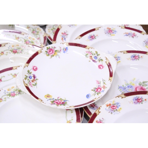 120 - A QUANTITY OF VINTAGE SHELLEY CHINA TO INCLUDE 'MAROON PRINCESS' DINNER PLATES, CAKE/BREAD AND BUTTE... 