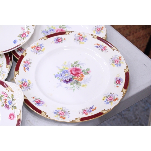 120 - A QUANTITY OF VINTAGE SHELLEY CHINA TO INCLUDE 'MAROON PRINCESS' DINNER PLATES, CAKE/BREAD AND BUTTE... 