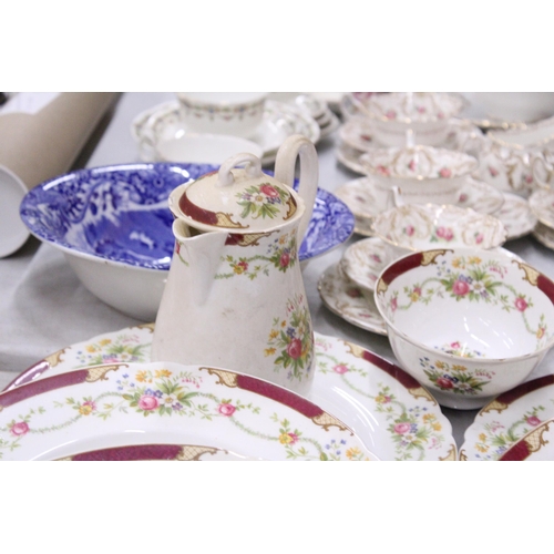 120 - A QUANTITY OF VINTAGE SHELLEY CHINA TO INCLUDE 'MAROON PRINCESS' DINNER PLATES, CAKE/BREAD AND BUTTE... 