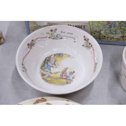 127 - A WEDGWOOD PETER RABBIT BOXED CHRISTENING SET INCLUDING A BOWL AND CUP PLUS ROYAL DOULTON BUNNYKINS ... 