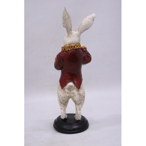 136 - A WHITE RABBIT STANDING UP HOLDING A POCKET WATCH, HEIGHT 32CM