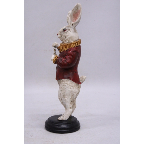 136 - A WHITE RABBIT STANDING UP HOLDING A POCKET WATCH, HEIGHT 32CM