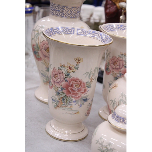 141 - SEVEN PIECES OF WADE PORCELAIN TO INCLUDE VASES, GINGER JARS AND A TRINKET BOX