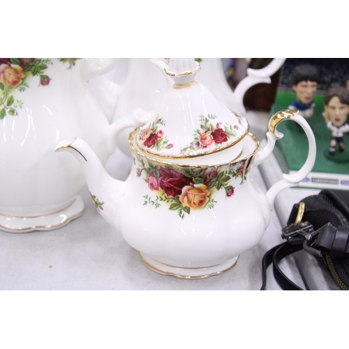 144 - THREE PIECES OF ROYAL ALBERT 'OLD COUNTRY ROSES' TO INCLUDE A COFFEE POT, SMALL TEAPOT AND LARGE JUG