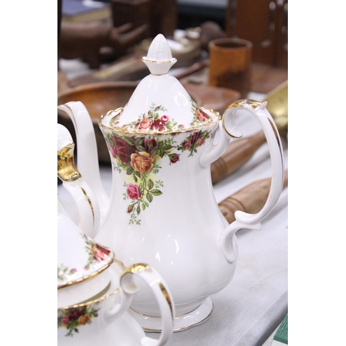 144 - THREE PIECES OF ROYAL ALBERT 'OLD COUNTRY ROSES' TO INCLUDE A COFFEE POT, SMALL TEAPOT AND LARGE JUG