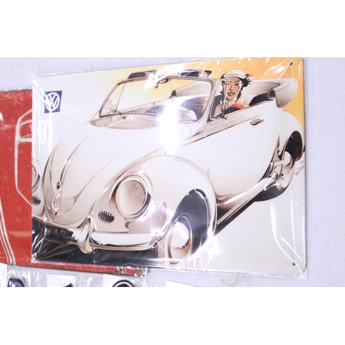 157 - FOUR TIN PLATE SIGNS TO INCLUDE HARLEY-DAVIDSON, VOLKSWAGEN BEETLE, ETC.,