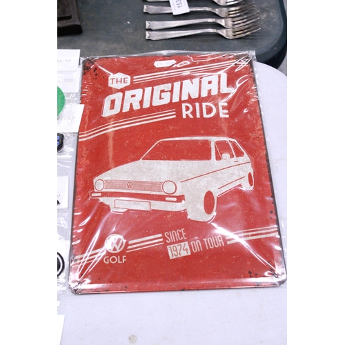 157 - FOUR TIN PLATE SIGNS TO INCLUDE HARLEY-DAVIDSON, VOLKSWAGEN BEETLE, ETC.,