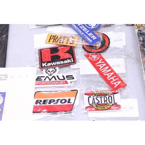 160 - TWENTY SEW ON MOTORING THEMED BADGES TO INCLUDE REPSOL, MOBILOIL, TT ISLE OF MAN, ETC - ALL AS NEW I... 